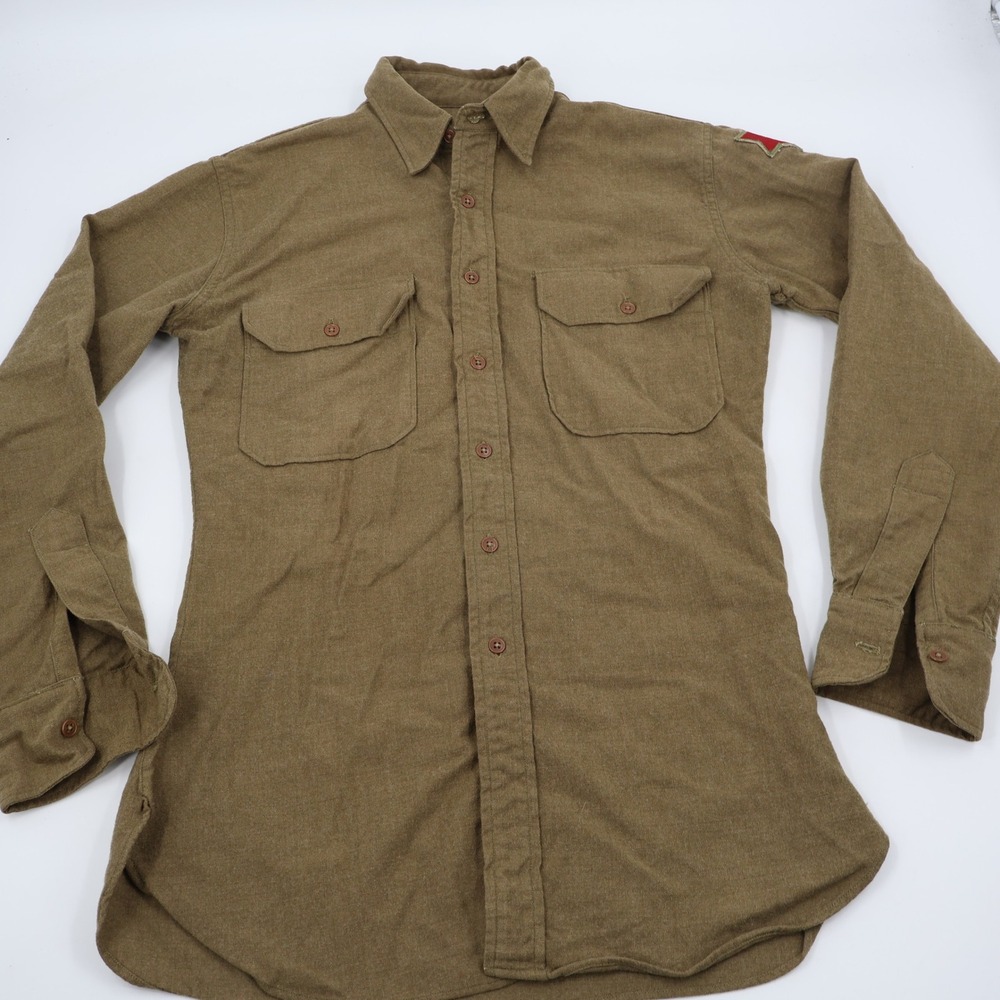 Vintage Military Wool Flannel Shirt Mens 15-34 Olive Drab Red Star Patch Utility